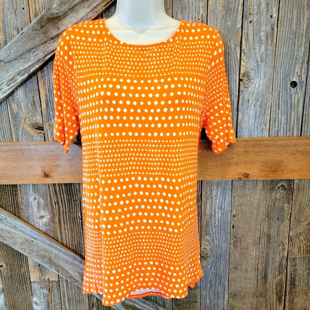 Chico's Orange/ White Polka Dot S/S Pullover Stretch Blouse Size 1 (M)